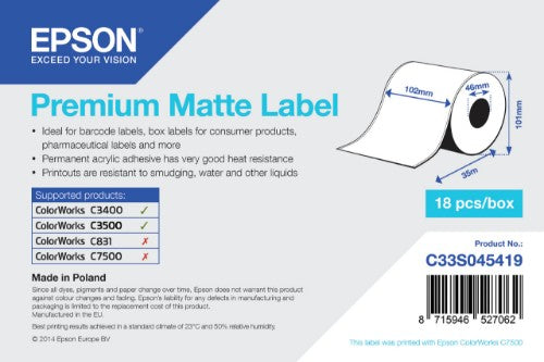 Epson C33S045419 Continous label roll matt Premium 102mm x 35m Pack=1 for Epson TM-C 3500