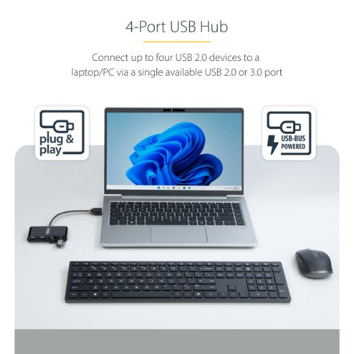 StarTech.com 4-Port USB 2.0 Hub, USB Bus Powered, Small Travel Mini USB Hub, USB 2.0 Splitter, Portable Multi-Port USB Hub, 480Mbps, Overcurrent Protection (OCP)