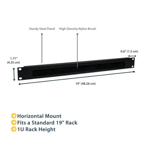 StarTech.com 1U High-density Brush Strip Cable Management Panel, Sturdy Steel Horizontal Data Centre Cable Organizer