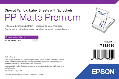 Epson PP Matte Label Premium, Die-cut Fanfold Sheets with Sprockets, 203mm x 152mm, 1000 Labels