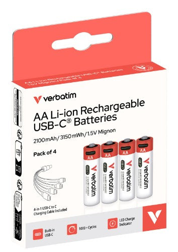 Verbatim AA USB-C Rechargeable Battery (Pack of 4)
