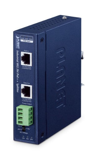 PLANET IP30 Industrial Single-Port 10Gbps 802.3bt PoE++ Splitter network splitter Power over Ethernet (PoE) Blue