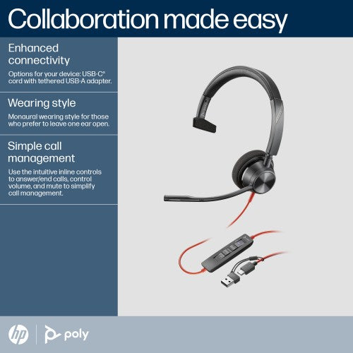 HP Poly Blackwire 3310 Monaural Microsoft Teams Certified USB-C Headset +USB-C/A Adapter