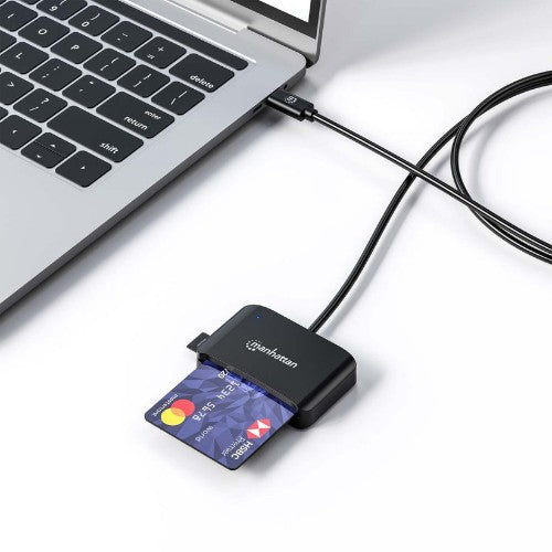 Manhattan USB-C Contact Smart Card Reader with MicroSD slot, USB Type-C Male to Contact Reader Interface and microSDXC, Supports Windows, macOS and Linux, Reads SIM Cards with Adapter, Cable 1m, Black, Three Year Warranty