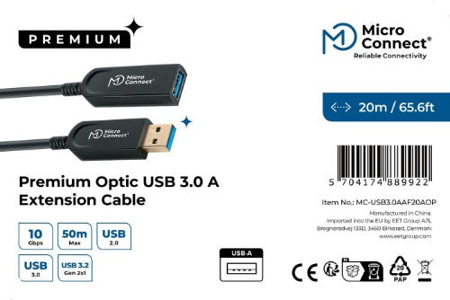 Microconnect USB3.0AAF20AOP USB cable USB 3.2 Gen 1 (3.1 Gen 1) 20 m USB A Black