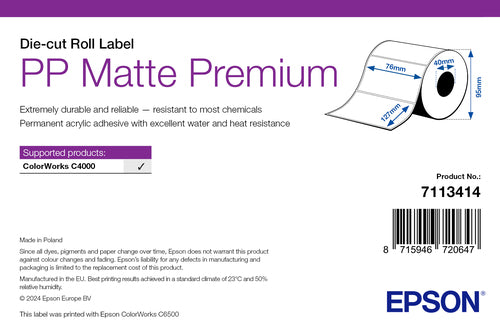 Epson PP Matte Label Premium, Die-cut Roll, 76mm x 127mm, 220 Labels
