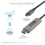 StarTech.com 6.6ft (2m) USB C to HDMI Cable 4K 60Hz w/ HDR10 - Ultra HD USB Type-C to 4K HDMI 2.0b Video Adapter Cable - USB-C to HDMI HDR Monitor/Display Converter - DP 1.4 Alt Mode HBR3