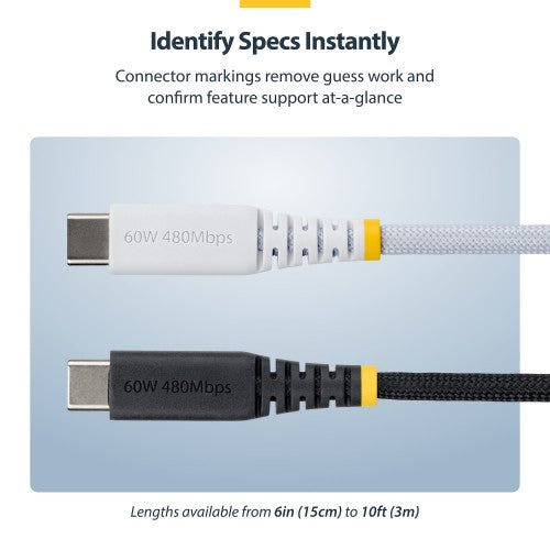 StarTech.com 15cm (6in) White USB-C Charging Cable, 60W (3A) PD, Dual-Layer Braided Nylon/TPE Jacket, Rugged USB C Charging Cord, USB 2.0 Laptop Charger Cable