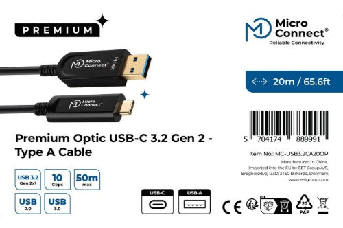 Microconnect MC-USB3.2CA20OP USB cable USB 3.2 Gen 2 (3.1 Gen 2) 20 m USB A USB C Black