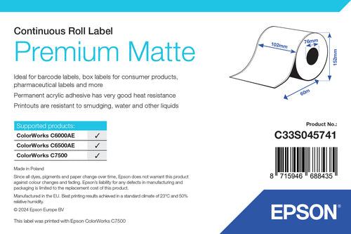 Epson Premium Matte Label - Continuous Roll: 102mm x 60m