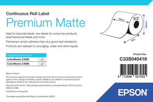 Epson C33S045418 Continous label roll matt Premium 76mm x 35m Pack=1 for Epson TM-C 3500