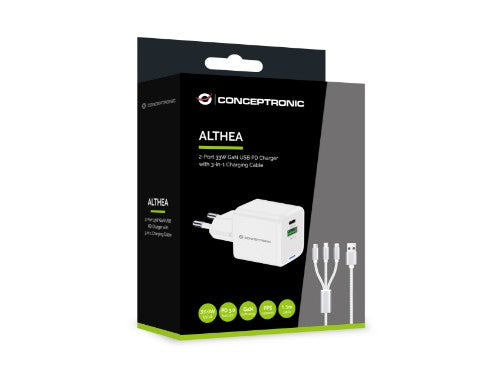 Conceptronic 2-Port 33W GaN USB PD Charger with 3-in-1 Charging Cable, USB-C x 1, USB-A x 1, QC 3.0, PPS