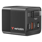 Verbatim GaN Charger 65W 2 Port retractable cable display US plugs with EU and UK adaptors