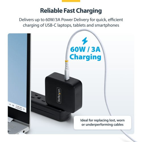 StarTech.com 15cm (6in) White USB-C Charging Cable, 60W (3A) PD, Dual-Layer Braided Nylon/TPE Jacket, Rugged USB C Charging Cord, USB 2.0 Laptop Charger Cable