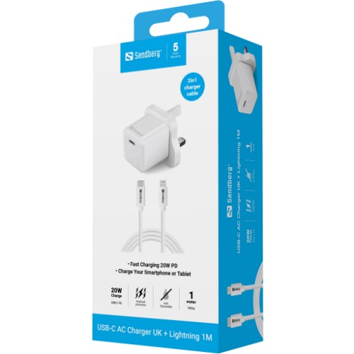 Sandberg USB-C AC 20W Charger UK + Lightning 1M