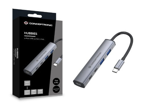 Conceptronic HUBBIES22G 4-Port USB 3.2 Gen 1 Hub, 2 x USB-C & 2 x USB-A Ports, 5Gbps, USB-C PD 100W