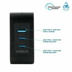 Mobilis Charger 100W 2USB C 1USBA GaN cable 100W Laptop, Smartphone, Tablet Black AC Indoor