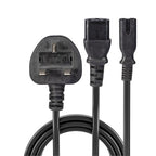 Lindy 2.5m UK 3 Pin Plug to IEC C13 and IEC C7 Splitter Extension Cable, Black