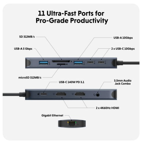 HYPER HD4006GL interface hub USB 3.2 Gen 1 (3.1 Gen 1) Type-C 10000 Mbit/s Blue, Grey
