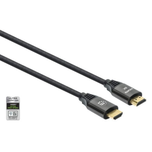 Manhattan HDMI 8K@60Hz Cable with Ethernet, 1m, Certified, Suitable for ALL 8K, 4K & 1080p/HD uses - when upgrading now or have it ready for when you need it, Male to Male, Black, 4K@120Hz, Lifetime Warranty, Ultra High Speed