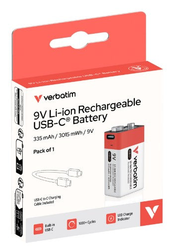 Verbatim 9V USB-C Rechargeable Battery (Pack of 1)