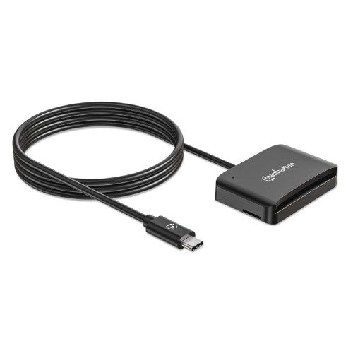 Manhattan USB-C Contact Smart Card Reader with MicroSD slot, USB Type-C Male to Contact Reader Interface and microSDXC, Supports Windows, macOS and Linux, Reads SIM Cards with Adapter, Cable 1m, Black, Three Year Warranty