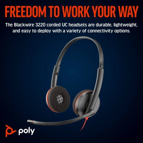 HP Poly Blackwire 3220 Stereo USB-C Headset +USB-C/A Adapter