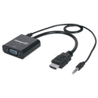Manhattan HDMI to VGA (with Audio) Converter cable, 1080p, 30cm, Male to Female, Micro-USB Power Input Port for additional power if needed, Black, Three Year Warranty