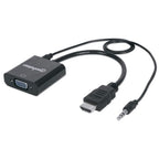 Manhattan HDMI to VGA (with Audio) Converter cable, 1080p, 30cm, Male to Female, Micro-USB Power Input Port for additional power if needed, Black, Three Year Warranty