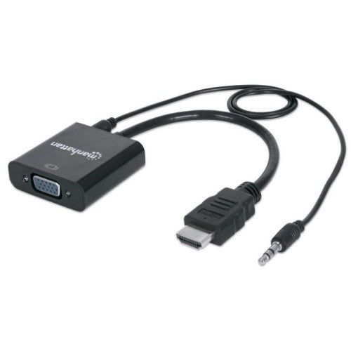 Manhattan HDMI to VGA (with Audio) Converter cable, 1080p, 30cm, Male to Female, Micro-USB Power Input Port for additional power if needed, Black, Three Year Warranty