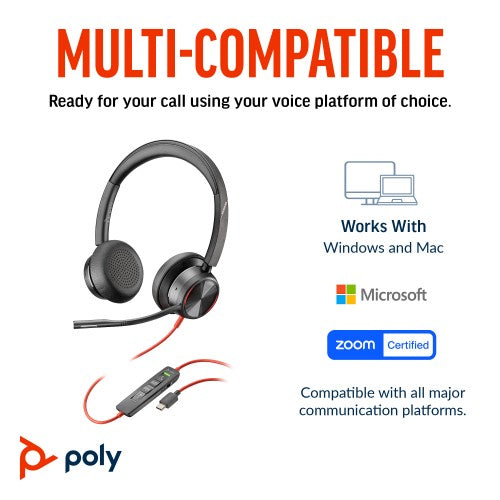 HP Poly Blackwire 8225 Stereo Microsoft Teams Certified USB-C Headset +USB-C/A Adapter